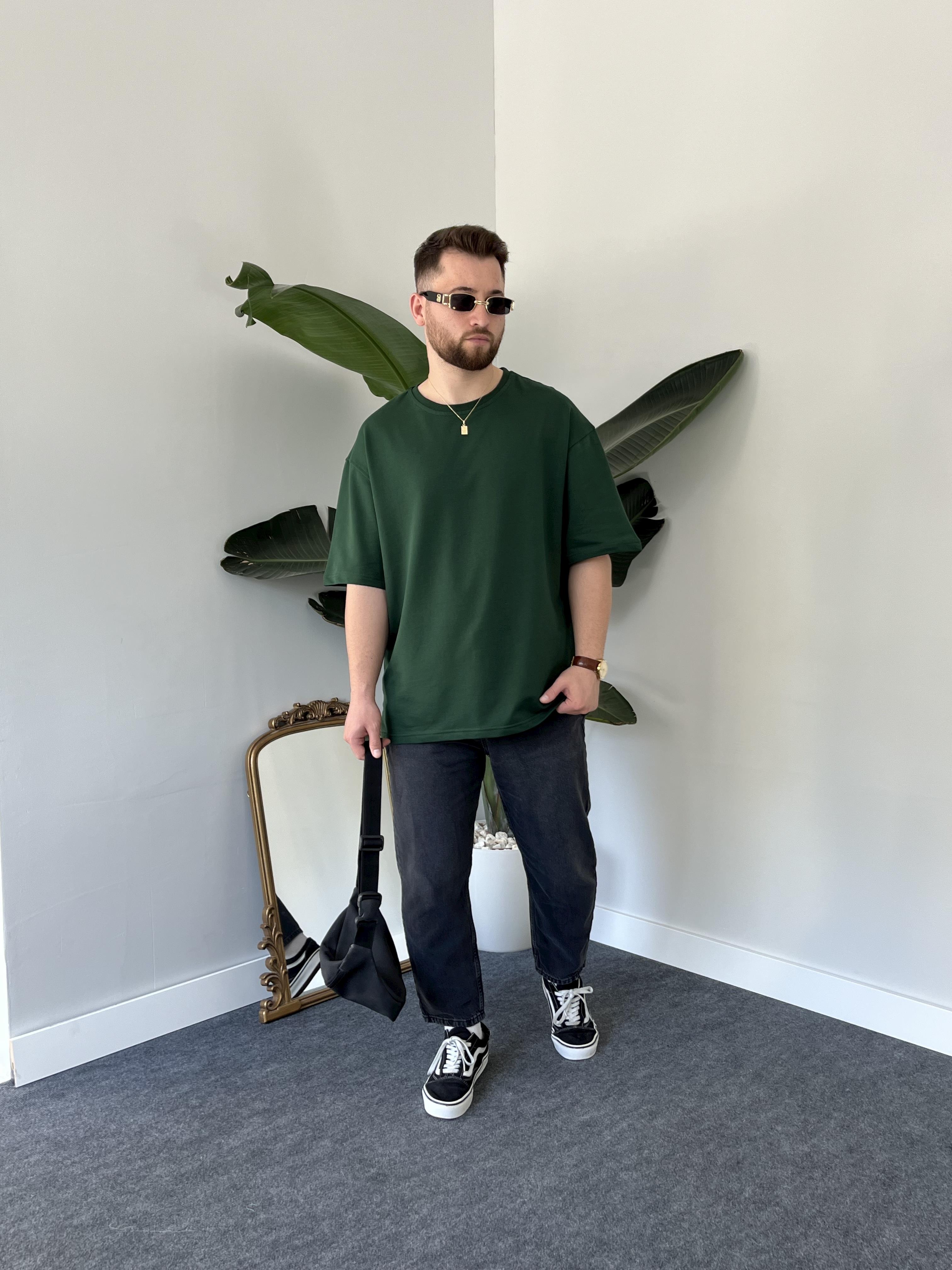 Zümrüt Yeşil Cotton Basic Oversize T-shirt