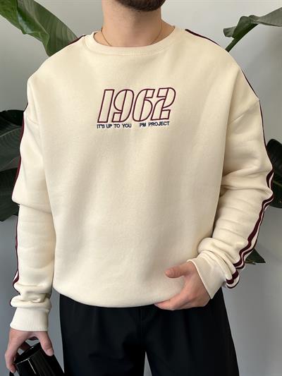 1962 Nakışlı Krem Üç İplik Şardonlu Sweatshirt