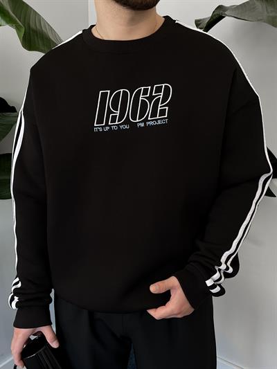 1962 Nakışlı Siyah Üç İplik Şardonlu Sweatshirt
