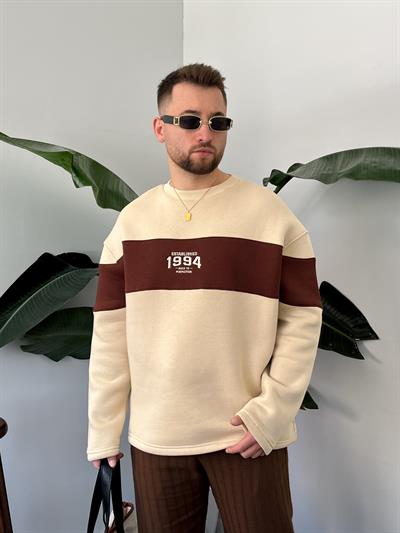 1994 Nakışlı Krem Üç İplik Şardonlu Sweatshirt