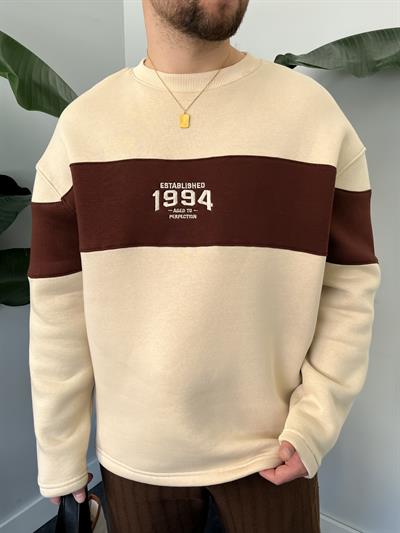 1994 Nakışlı Krem Üç İplik Şardonlu Sweatshirt