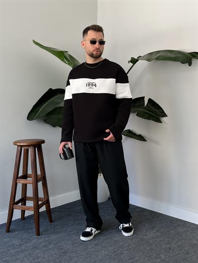 1994 Nakışlı Siyah Üç İplik Şardonlu Sweatshirt