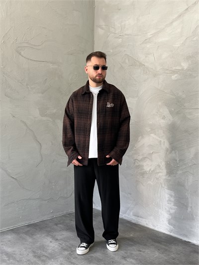 Acı Kahve Baskılı Oversize Ekose Gömlek