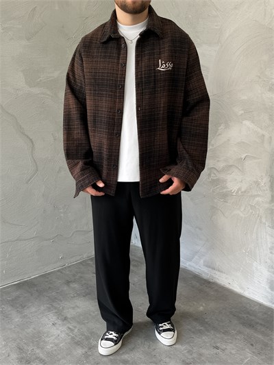 Acı Kahve Baskılı Oversize Ekose Gömlek