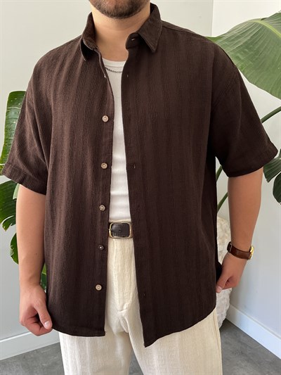 Acı Kahve Dokulu Kısa Kollu Oversize Gömlek