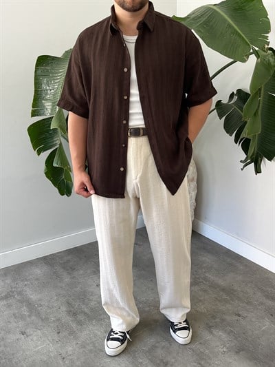 Acı Kahve Dokulu Kısa Kollu Oversize Gömlek