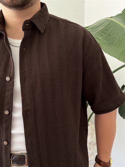 Acı Kahve Dokulu Kısa Kollu Oversize Gömlek