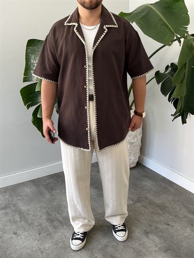 Acı Kahve Kontrast Dikiş Keten Oversize Gömlek