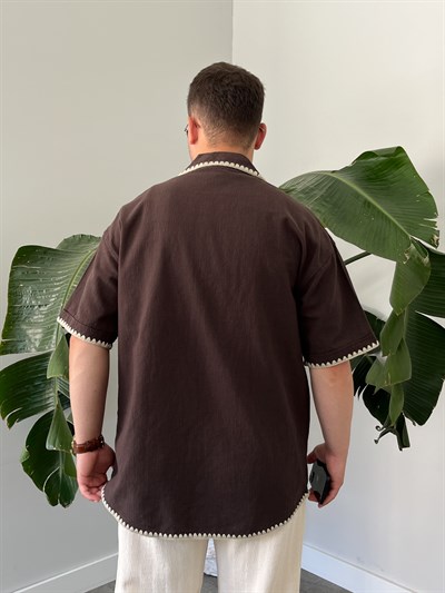 Acı Kahve Kontrast Dikiş Keten Oversize Gömlek