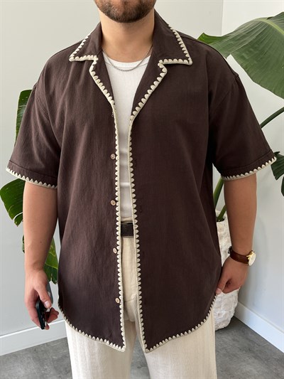 Acı Kahve Kontrast Dikiş Keten Oversize Gömlek