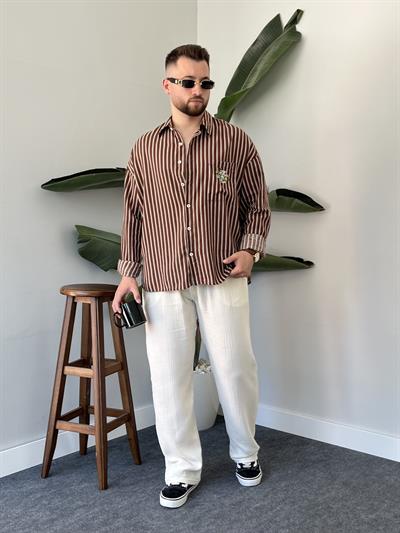 Acı Kahve Tasarım Çizgili Oversize Gömlek