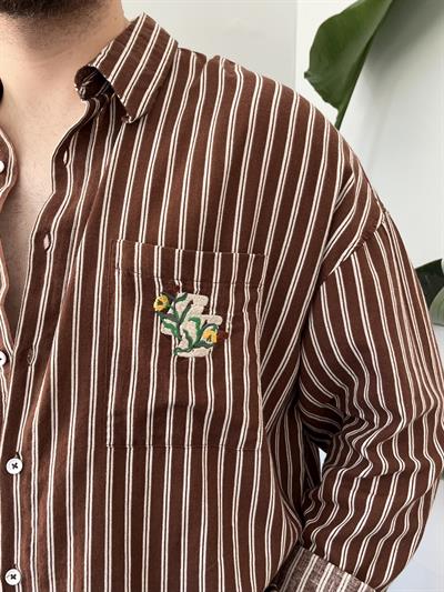 Acı Kahve Tasarım Çizgili Oversize Gömlek