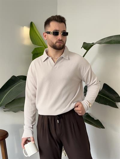 Açık Gri Fitilli Polo Yaka Triko Sweat