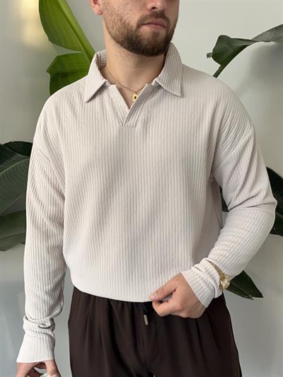 Açık Gri Fitilli Polo Yaka Triko Sweat