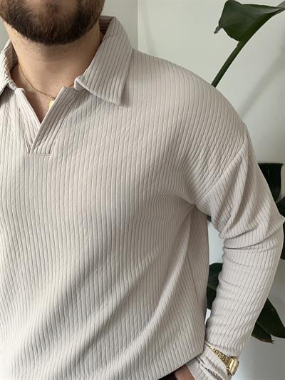 Açık Gri Fitilli Polo Yaka Triko Sweat