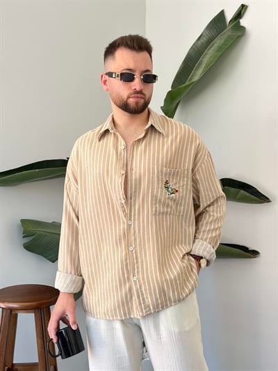 Açık Kahve Tasarım Çizgili Oversize Gömlek