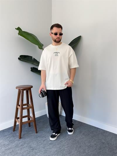 Amsterdam Nakışlı Ekru Oversize  T-shirt