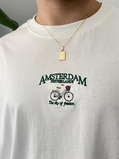 Amsterdam Nakışlı Ekru Oversize  T-shirt