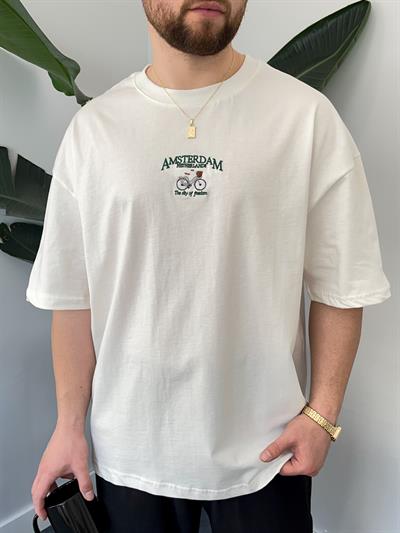 Amsterdam Nakışlı Ekru Oversize  T-shirt