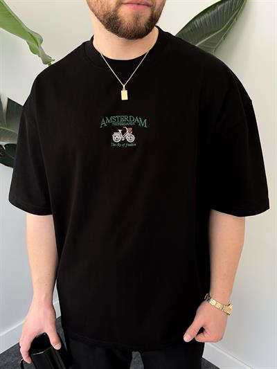 Amsterdam Nakışlı Siyah Oversize  T-shirt