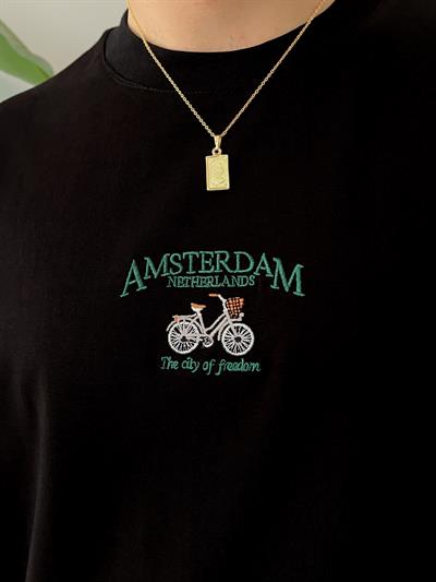 Amsterdam Nakışlı Siyah Oversize  T-shirt