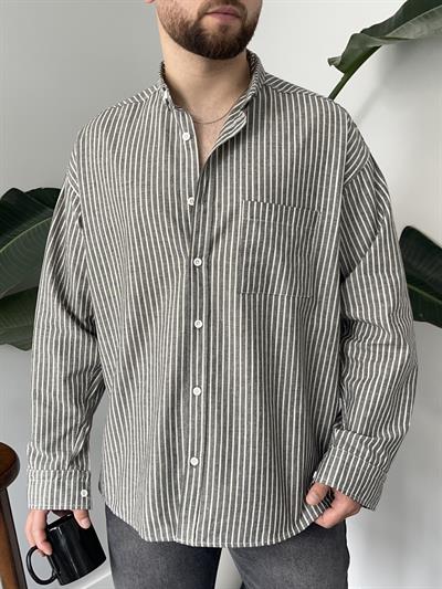 Antrasit Casual Çizgili Oversize Gömlek