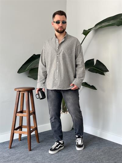 Antrasit Casual Çizgili Oversize Gömlek