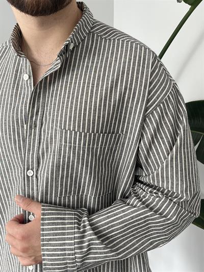Antrasit Casual Çizgili Oversize Gömlek