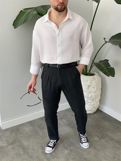 Antrasit Pileli Boyfriend Kumaş Pantolon
