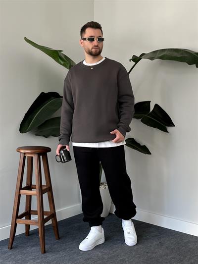 Antrasit Üç İplik Şardonlu Basic Sweatshirt