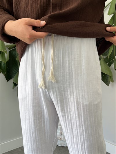 Beyaz Armürlü Müslin Baggy Pantolon