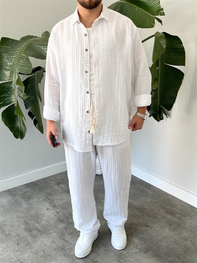 Beyaz Armürlü Müslin Oversize Takım
