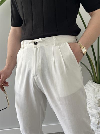 Beyaz Bağlama Detaylı Keten Boyfriend Pantolon