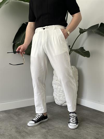 Beyaz Bağlama Detaylı Keten Boyfriend Pantolon