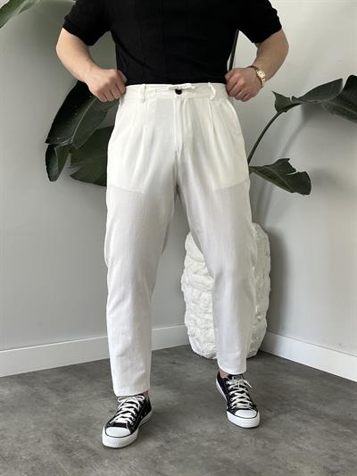Beyaz Bağlama Detaylı Keten Boyfriend Pantolon