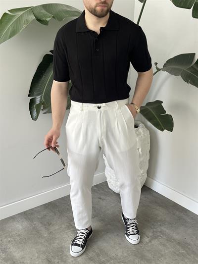 Beyaz Bağlama Detaylı Keten Boyfriend Pantolon