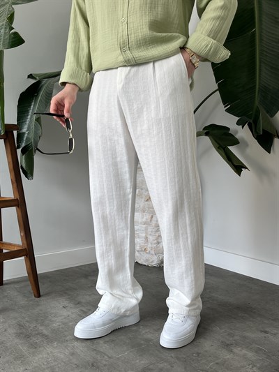 Beyaz Desenli Keten Baggy Pantolon