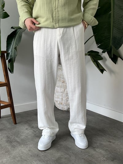 Beyaz Desenli Keten Baggy Pantolon