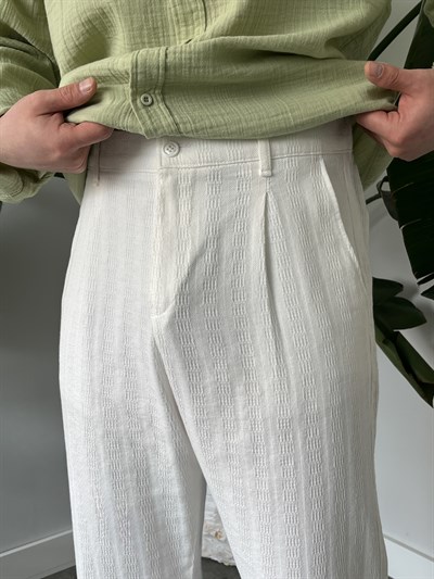 Beyaz Desenli Keten Baggy Pantolon