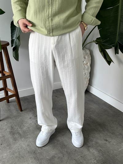 Beyaz Desenli Keten Baggy Pantolon