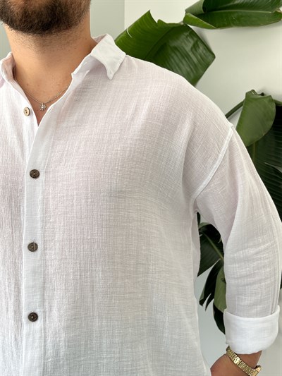 Beyaz Etamin Keten Oversize Gömlek