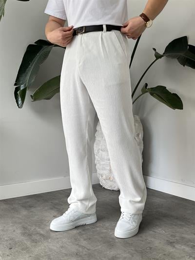 Beyaz Fitilli Kadife Baggy Pantolon