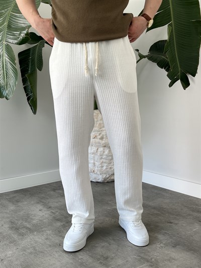 Beyaz Halat Bağcık Detay Desenli Baggy Pantolon