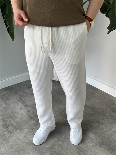 Beyaz Halat Bağcık Detay Desenli Baggy Pantolon