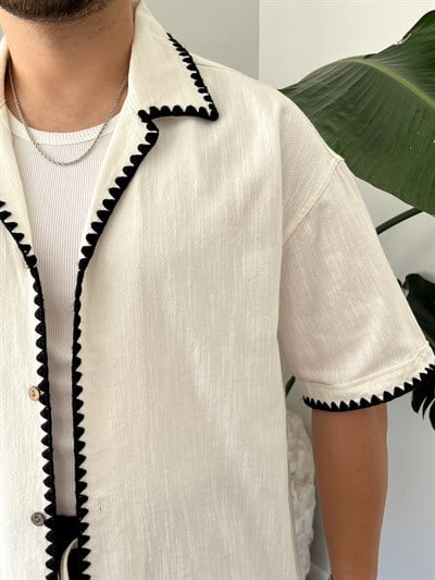 Beyaz Kontrast Dikiş Keten Oversize Gömlek