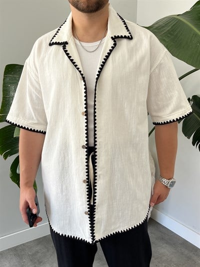 Beyaz Kontrast Dikiş Keten Oversize Gömlek