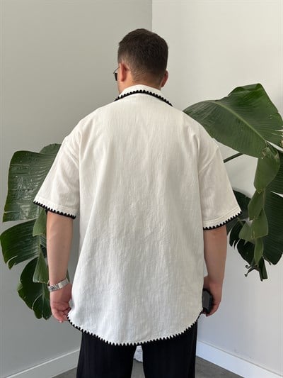 Beyaz Kontrast Dikiş Keten Oversize Gömlek
