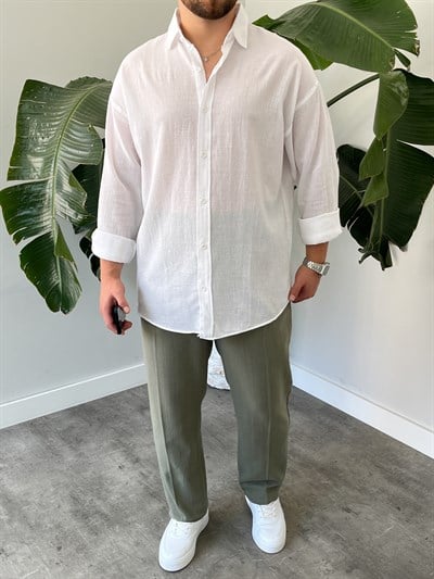 Beyaz Krinkıl Oversize Gömlek
