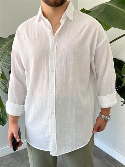Beyaz Krinkıl Oversize Gömlek