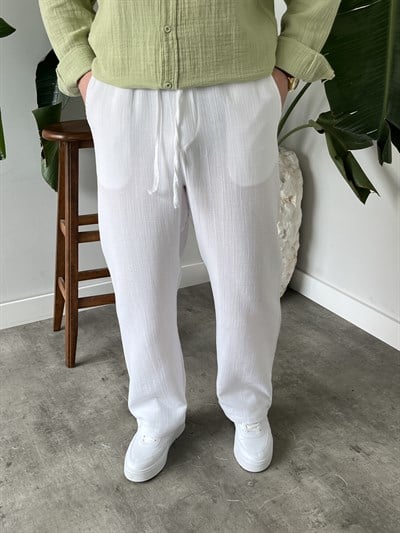 Beyaz Premium Müslin Dokulu Baggy Pantolon